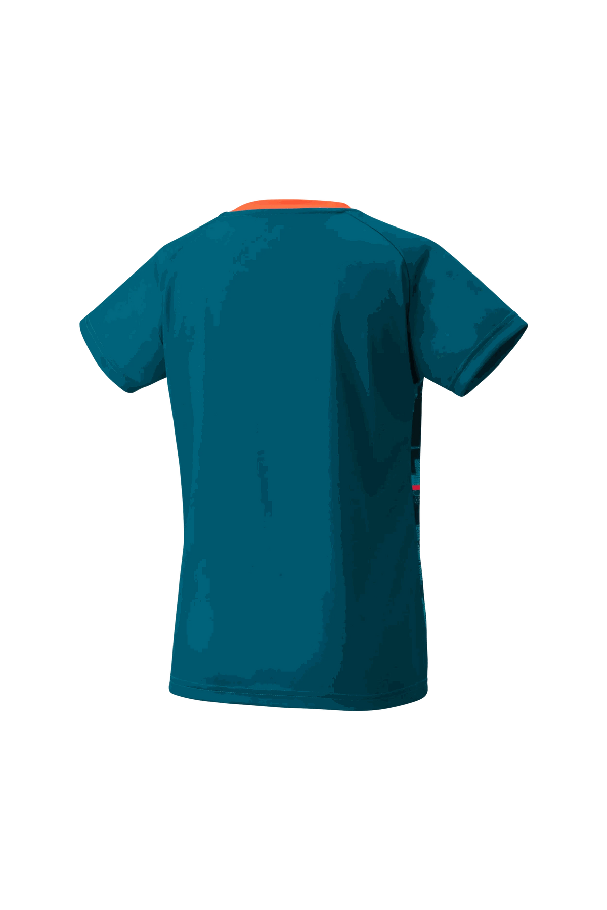 Yonex Women's Crew Badminton Shirt in teal polyester with short sleeves and a small orange neck accent, shown from the back