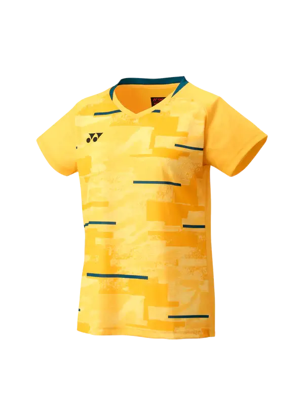 Yonex Women's Crew Badminton Shirt in yellow polyester with an abstract tonal pattern, teal trim and crew neckline
