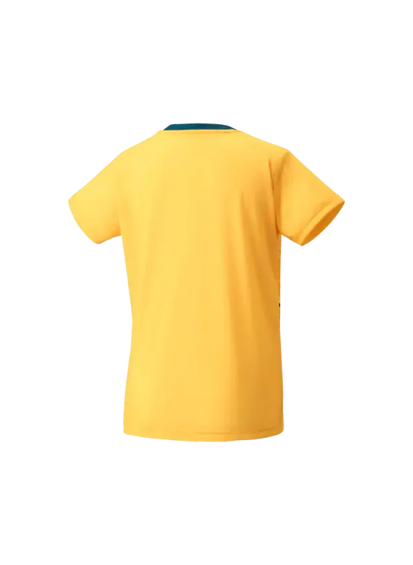 Yonex Women's Crew Badminton Shirt in yellow polyester with a plain back, short sleeves and a blue-green collar