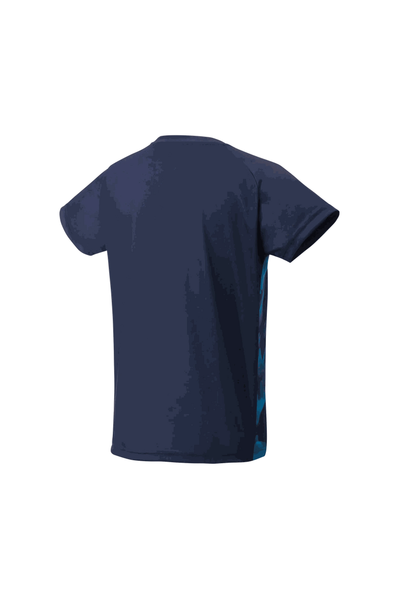 Yonex Women's Crew navy blue polyester badminton shirt with a plain back, short sleeves and subtle blue side detailing