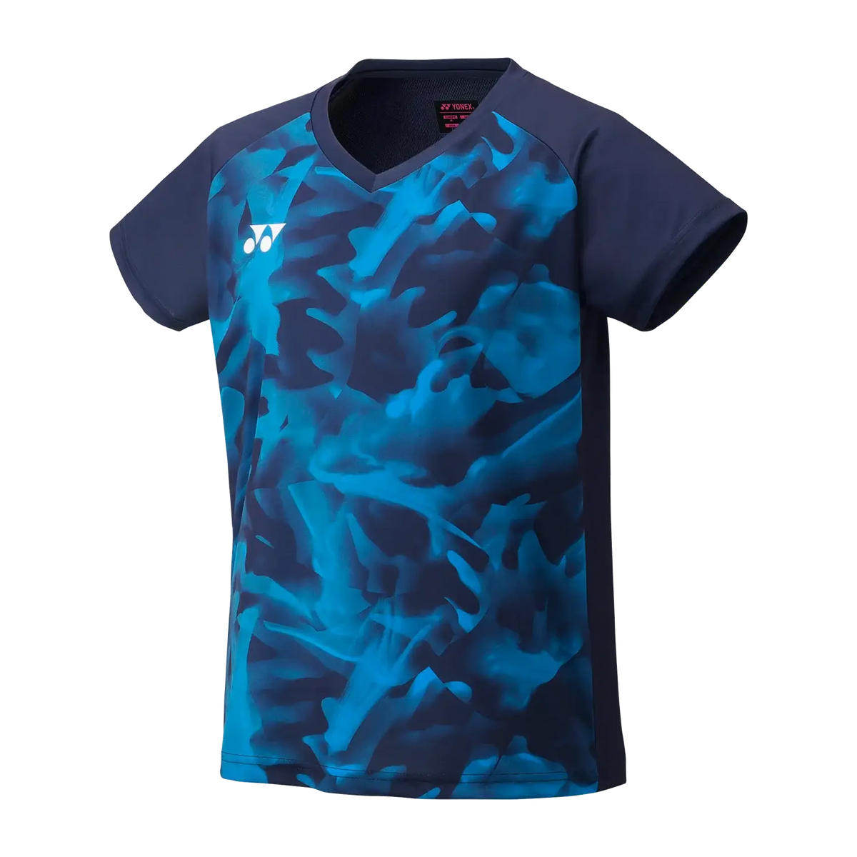Yonex Women's Crew badminton shirt in navy blue polyester with a vivid blue abstract pattern and V-neck