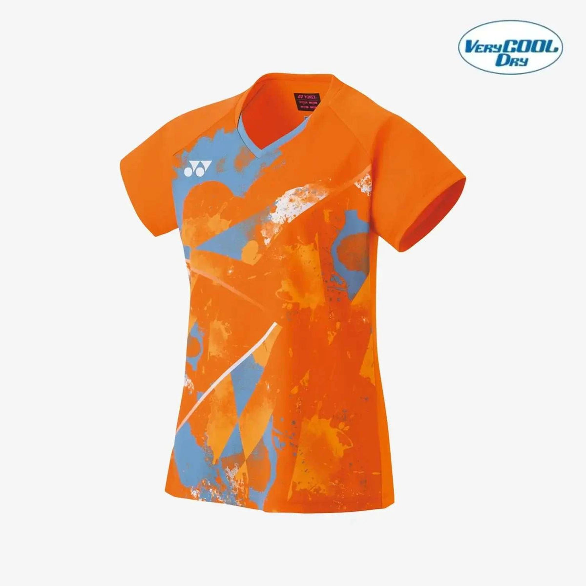 Yonex Women's Crew Neck Shirt in bright orange polyester with an abstract blue and white pattern and short sleeves
