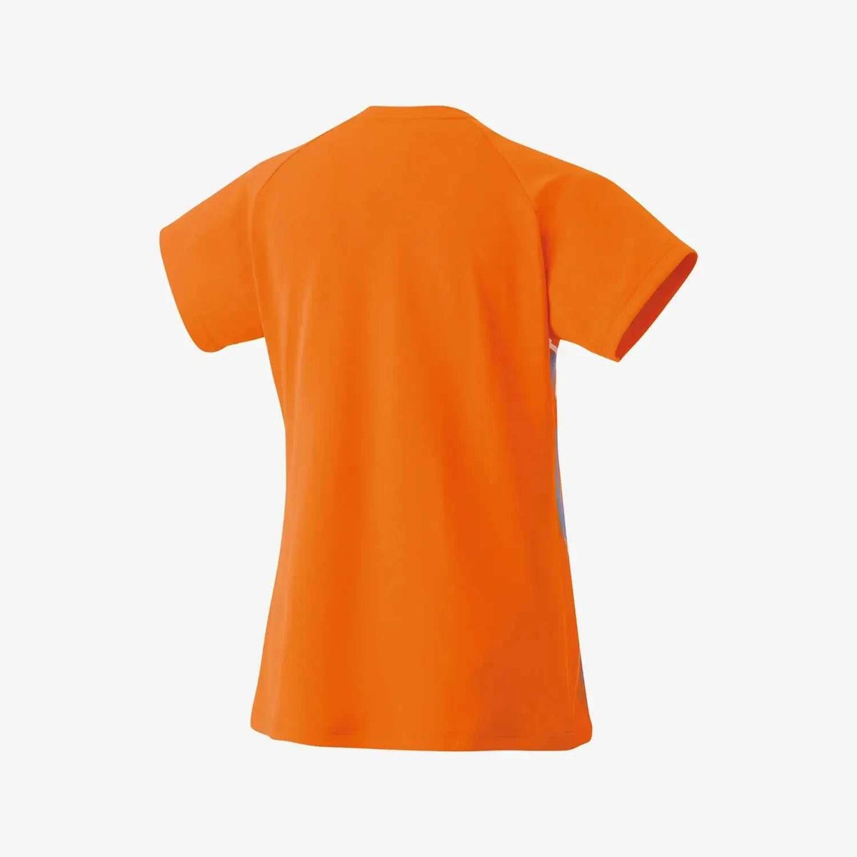 Yonex Women's Crew Neck Shirt in bright orange, smooth polyester with short sleeves and a plain back.