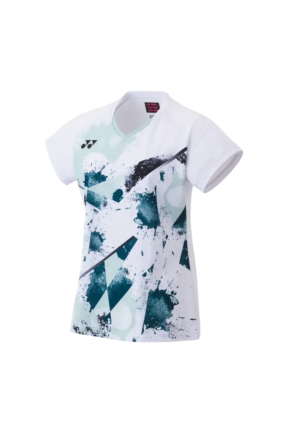 Yonex Women's Crew Neck Shirt in white polyester with teal and navy abstract splatter print and short sleeves
