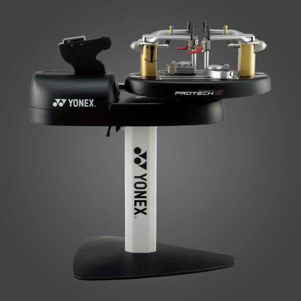Racket Restringing Service performed with a black and silver Yonex Protech stringing machine on a white stand
