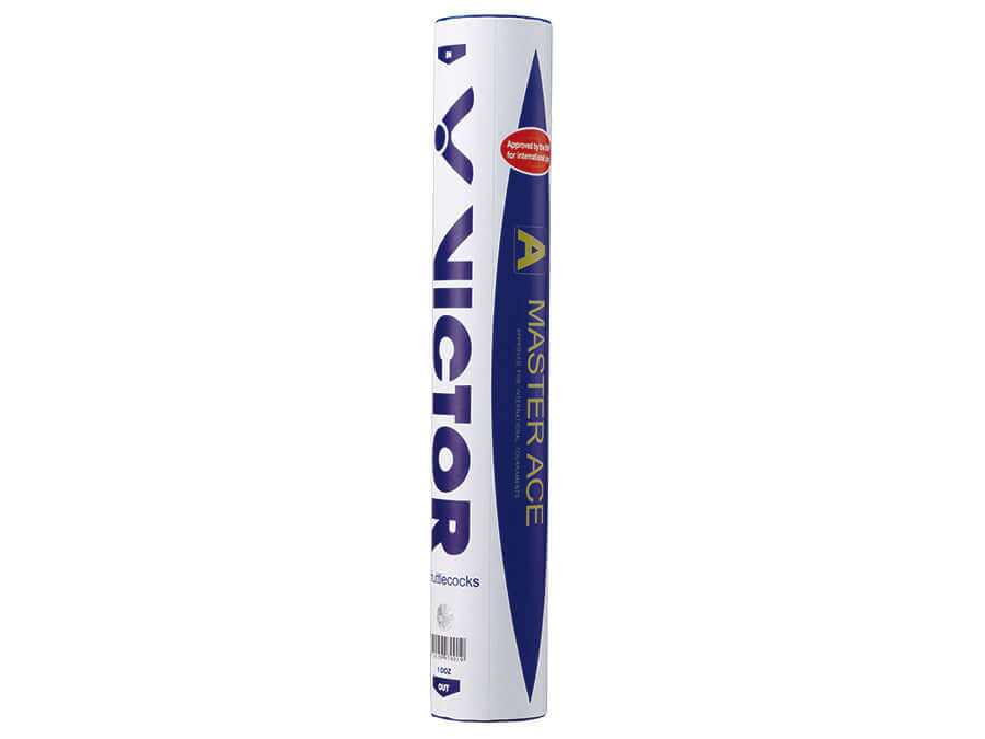 Victor Master Ace Premium feather badminton shuttlecock tube, white with navy blue graphics and yellow lettering