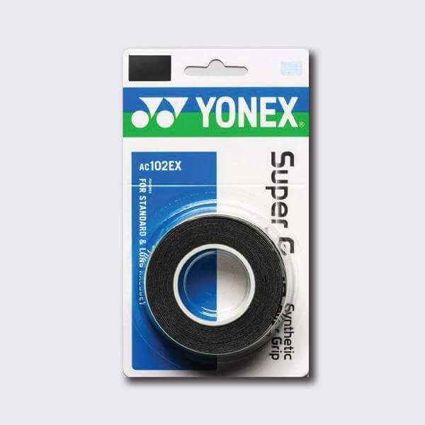Yonex AC102 Super Grap polyurethane overgrip in black, wound into a roll and sealed in branded retail packaging