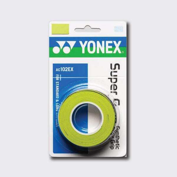 Yonex AC102 Super Grap overgrip in bright lime green polyurethane, tacky-textured roll in retail packaging