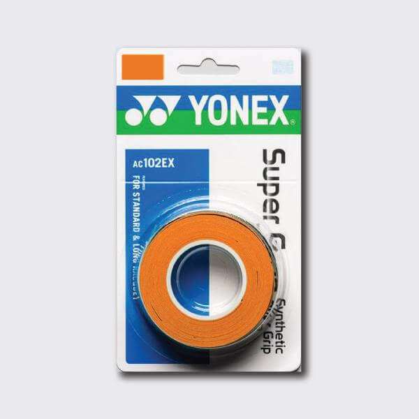 Yonex AC102 Super Grap overgrip in bright orange, with a tacky polyurethane wrap shown on its retail packaging