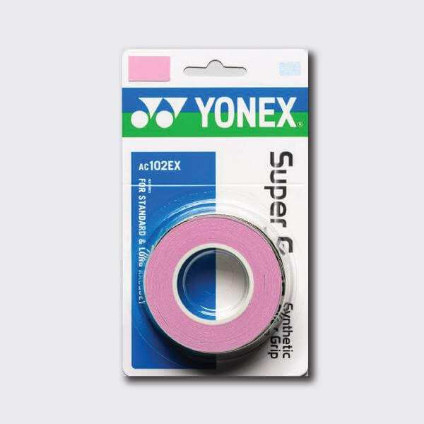 Yonex AC102 Super Grap overgrip in pink, a smooth tacky roll sealed in branded retail packaging