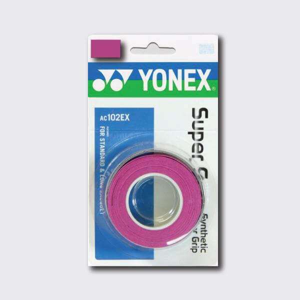 Yonex AC102 Super Grap pink overgrip, a textured polyurethane racket tape roll in clear branded packaging