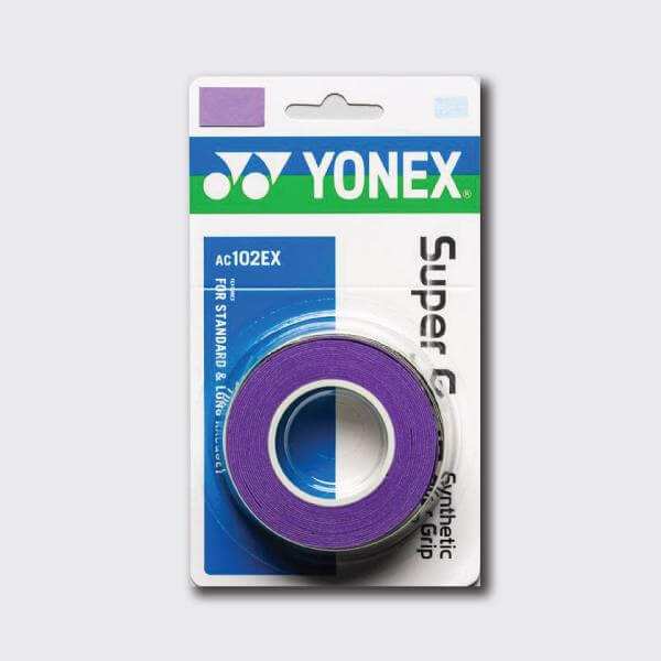 Yonex AC102 Super Grap badminton and tennis overgrip in purple, shown as a tightly wound roll in branded packaging