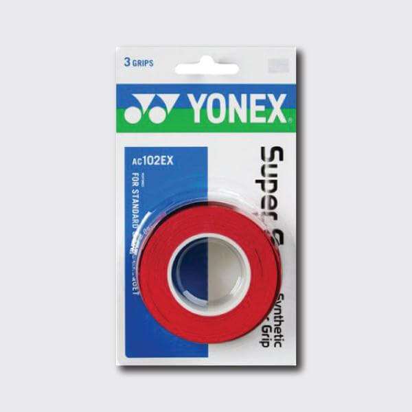 Yonex AC102 Super Grap badminton and tennis overgrip in bright red, shown as a three-piece pack with a smooth roll.