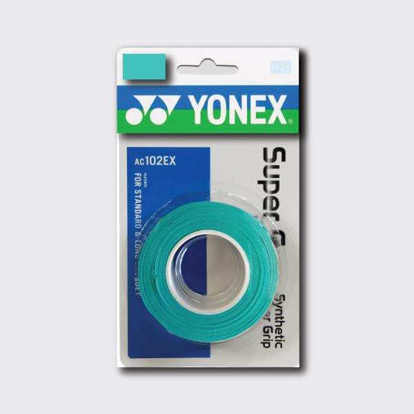 Yonex AC102 Super Grap overgrip in turquoise polyurethane, tightly wound in a single roll with branded packaging