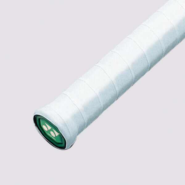 Yonex AC102 Super Grap overgrip in white polyurethane, wrapped with a smooth spiral seam and green end cap