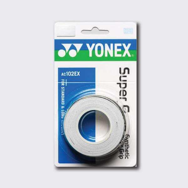 Yonex AC102 Super Grap overgrip in white polyurethane, tightly rolled in retail packaging with blue and green branding