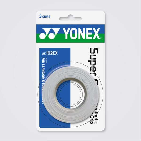 Yonex AC102 Super Grap, three white polyurethane overgrips wound in rolls with tacky feel and branded packaging