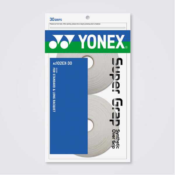 Yonex AC102 Super Grap 30-pack synthetic overgrips in white, bundled in branded packaging with blue and green labels