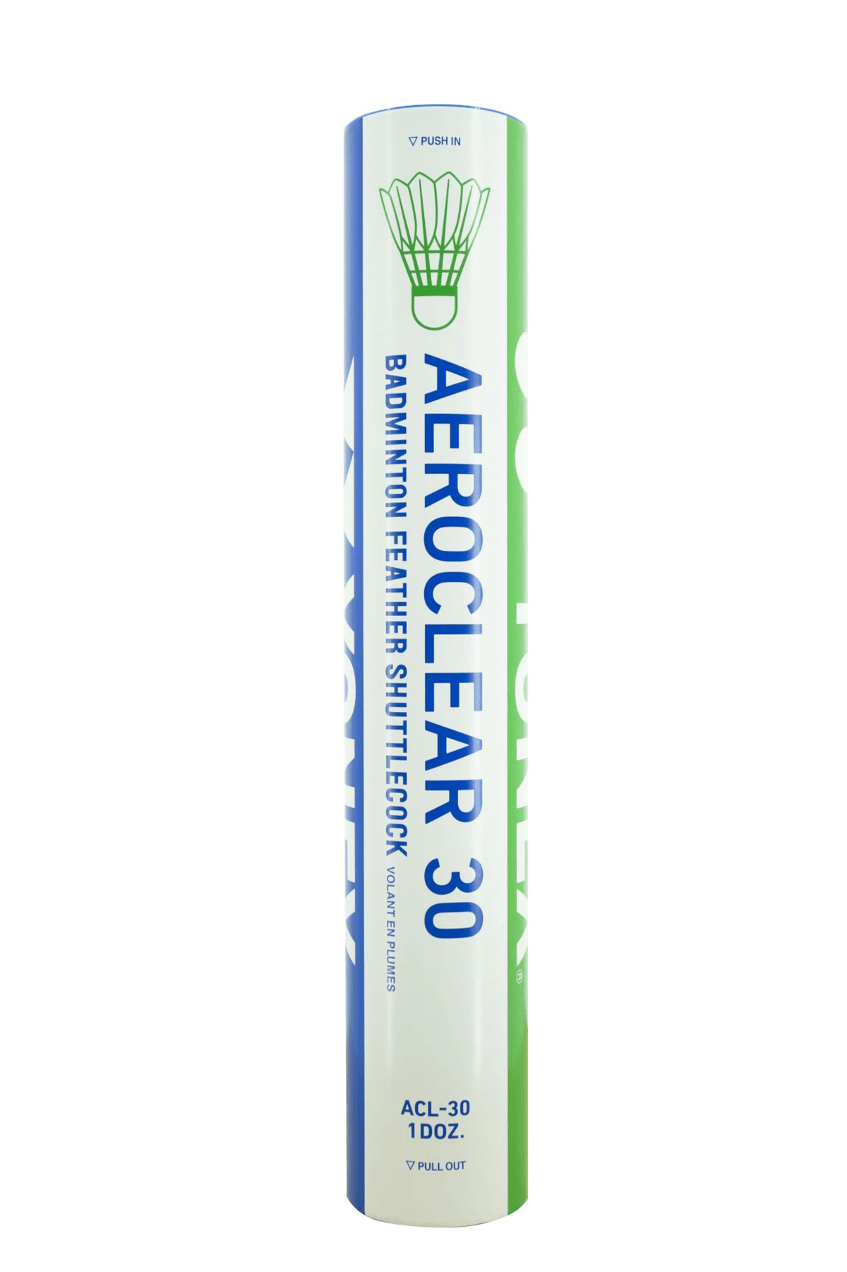 Yonex Aeroclear 30 (ACL30) badminton shuttlecock tube in white with blue and green lettering and shuttlecock graphic