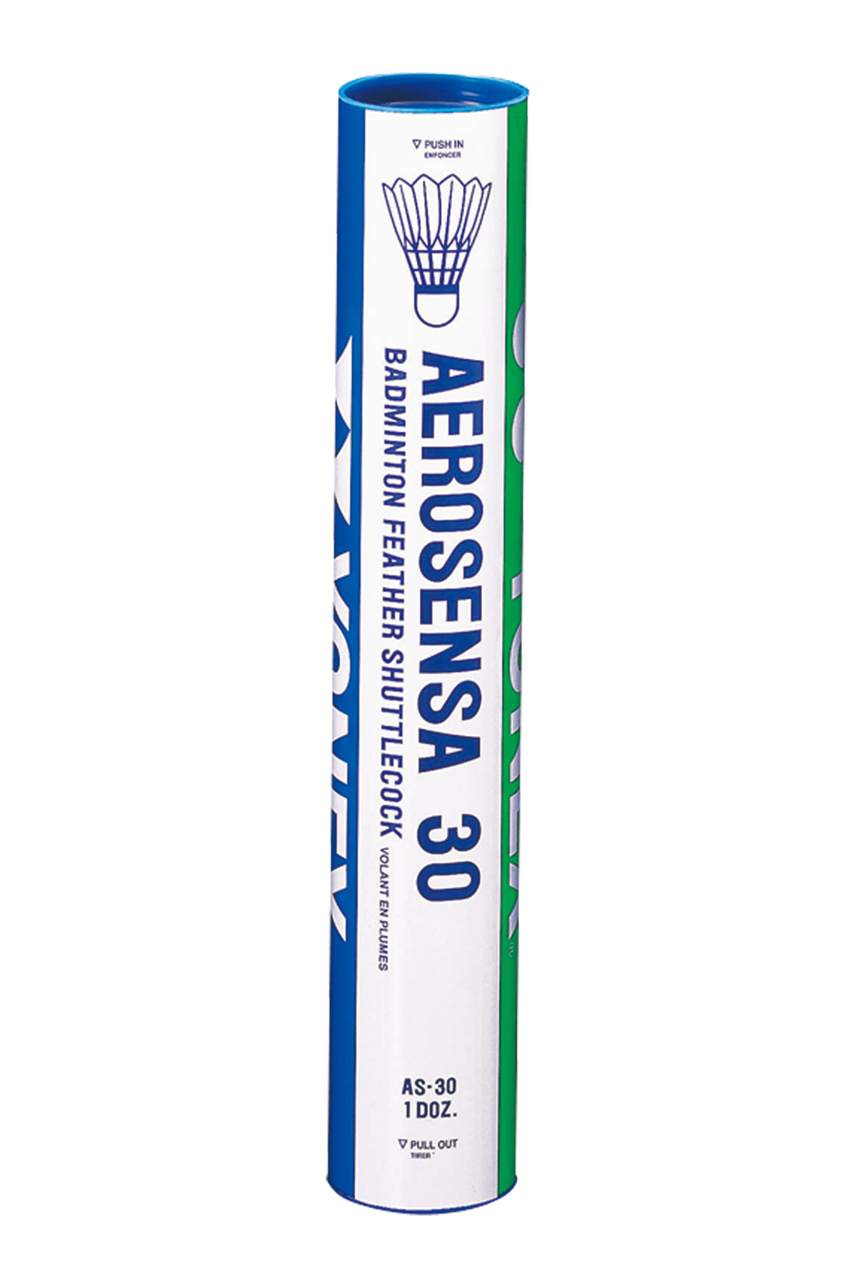 Yonex Aerosensa 30 badminton shuttlecock tube in white with blue and green stripes and bold vertical lettering