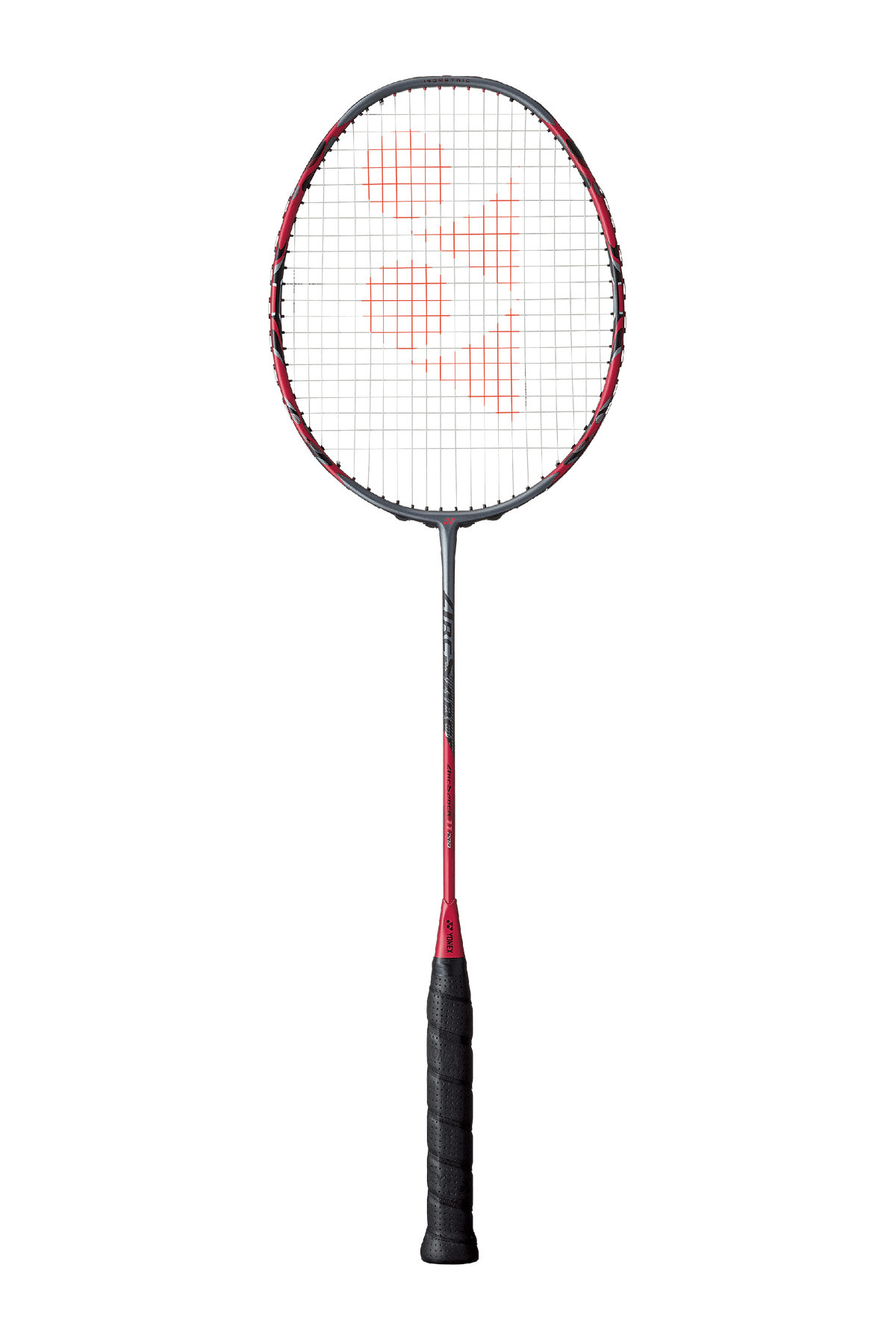 Yonex ArcSaber 11 Pro badminton racket with a black and red frame, dark strings, and black wrapped handle