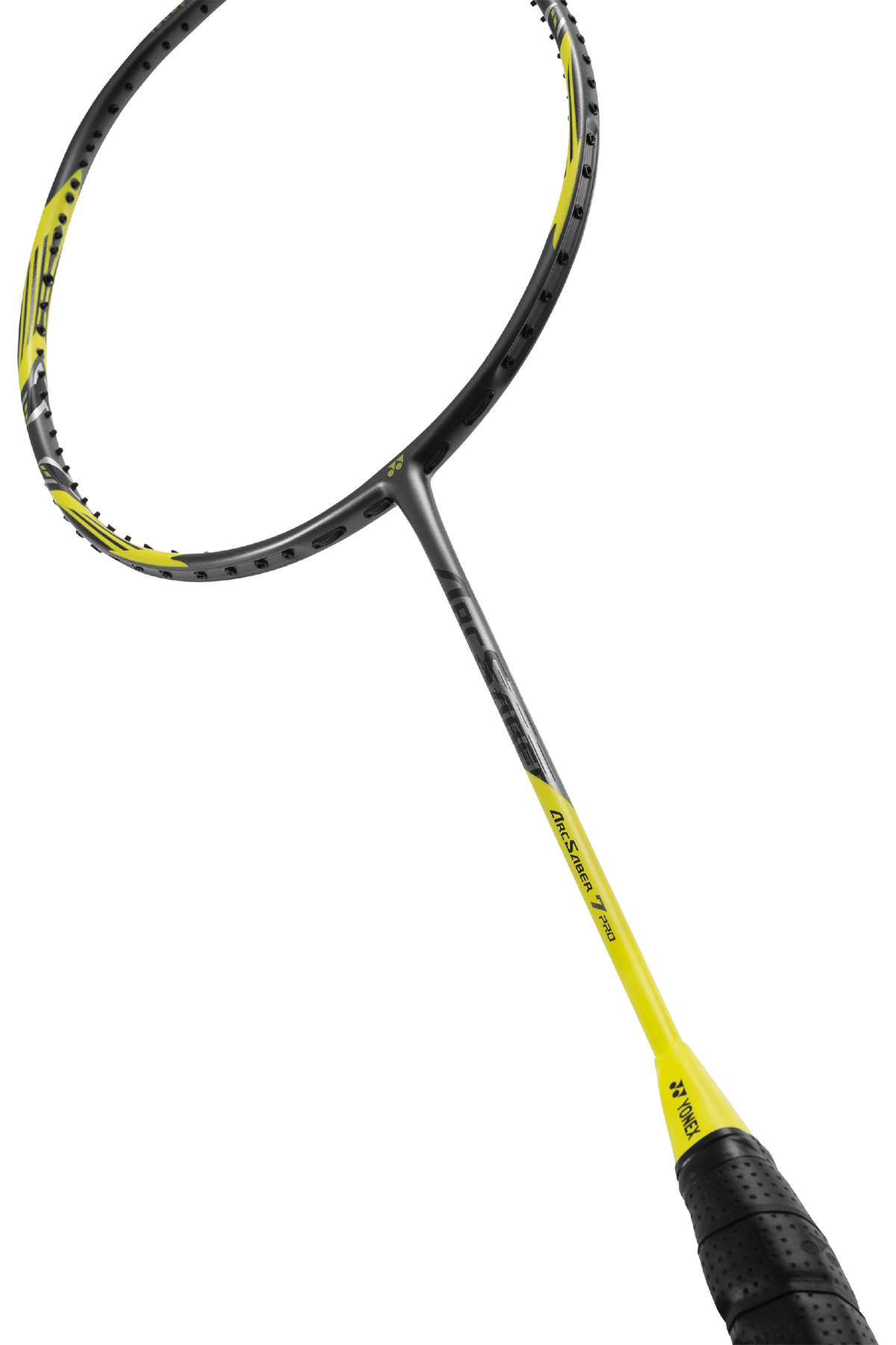 Yonex ArcSaber 7 Pro badminton racket in gray and bright yellow, with a dark graphite frame and patterned grip