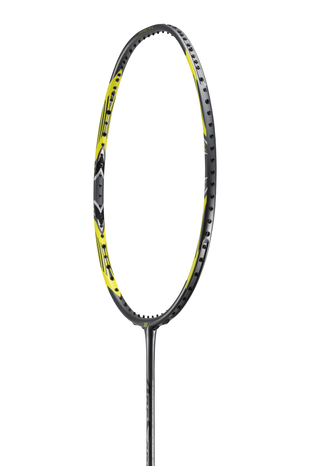 Yonex ArcSaber 7 Pro badminton racket with a graphite gray frame, bright yellow accents, and a slim black shaft