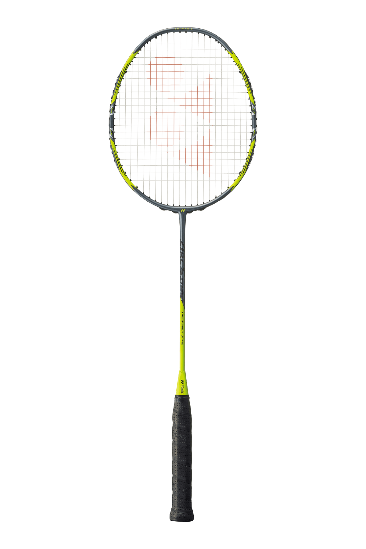 Yonex ArcSaber 7 Pro badminton racket in gray and yellow with a graphite frame, fine string bed and black grip