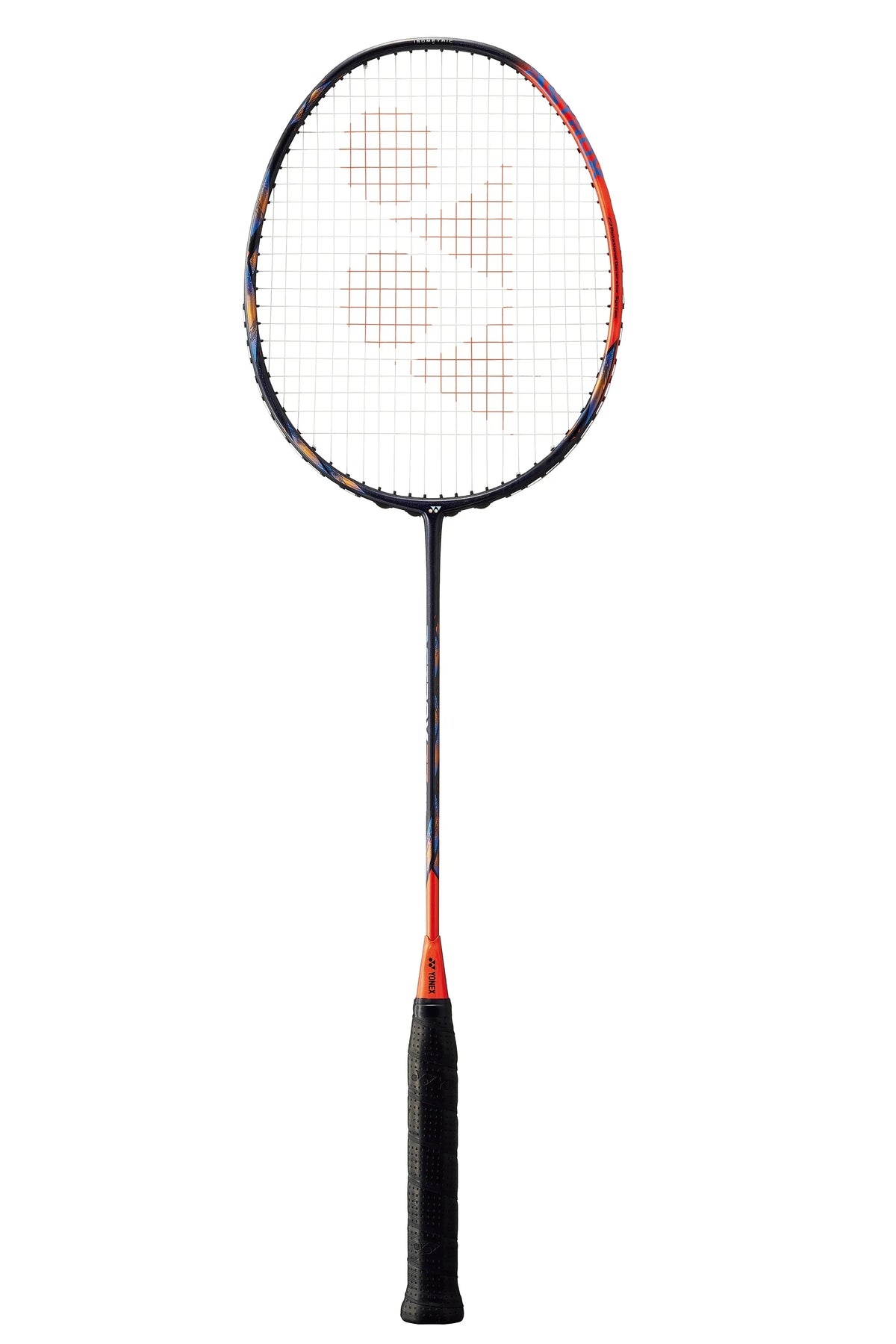 Yonex Astrox 77 Pro badminton racket with a black frame, orange accents, white strings and a black grip