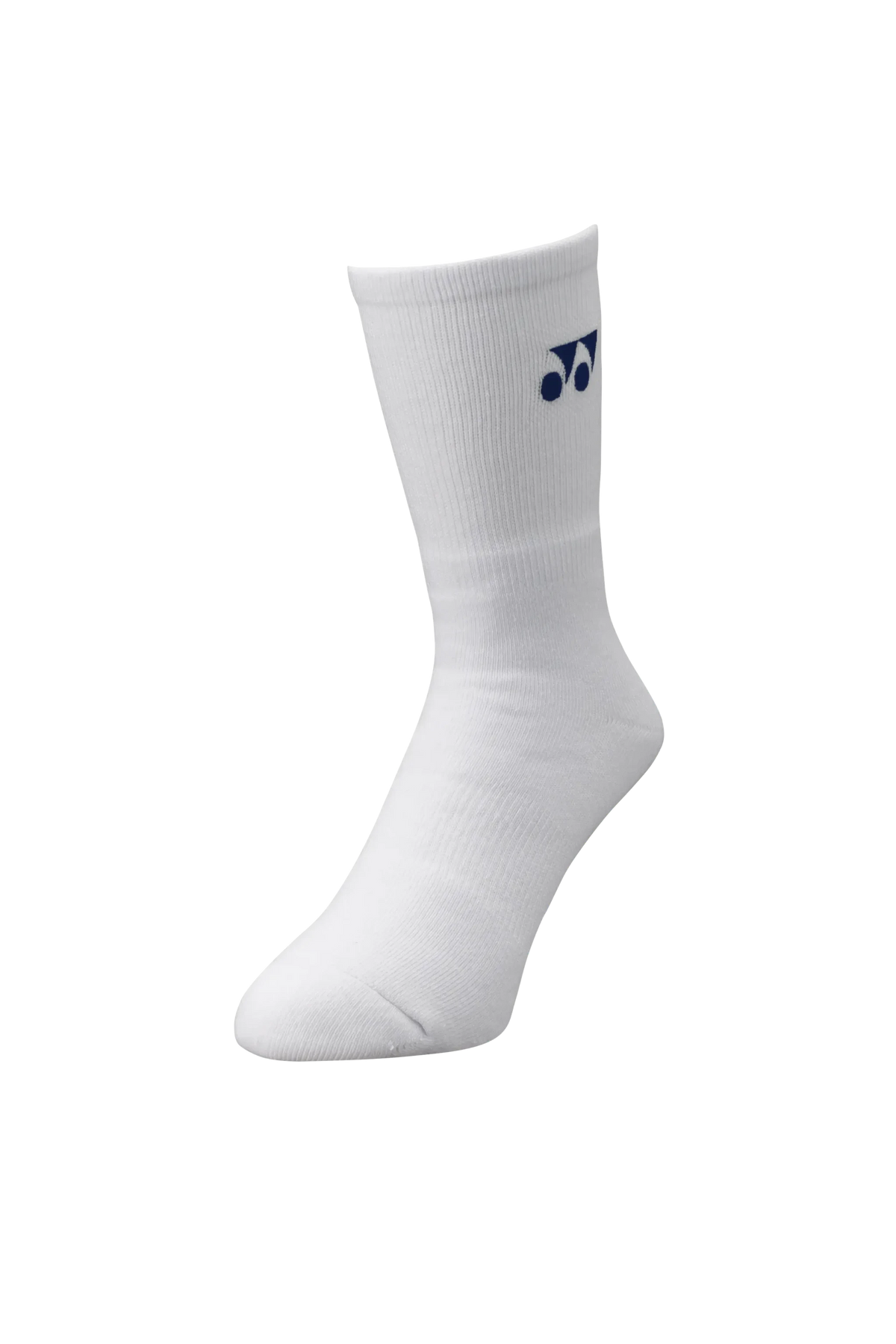 Yonex Badminton Crew Socks in white ribbed knit with a crew-length cuff and small navy Yonex logo