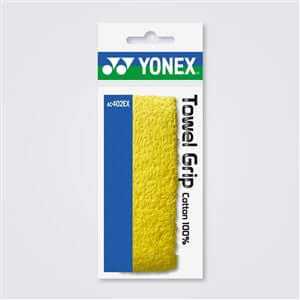 Yonex Badminton Towel Grip in bright yellow cotton, shown in retail packaging with a blue side stripe