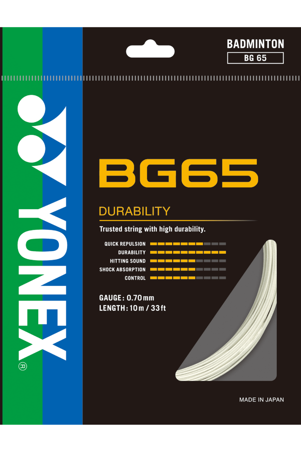 Yonex BG-65 Badminton String in white, shown as a coiled strand on black and green packaging with 0.70 mm gauge