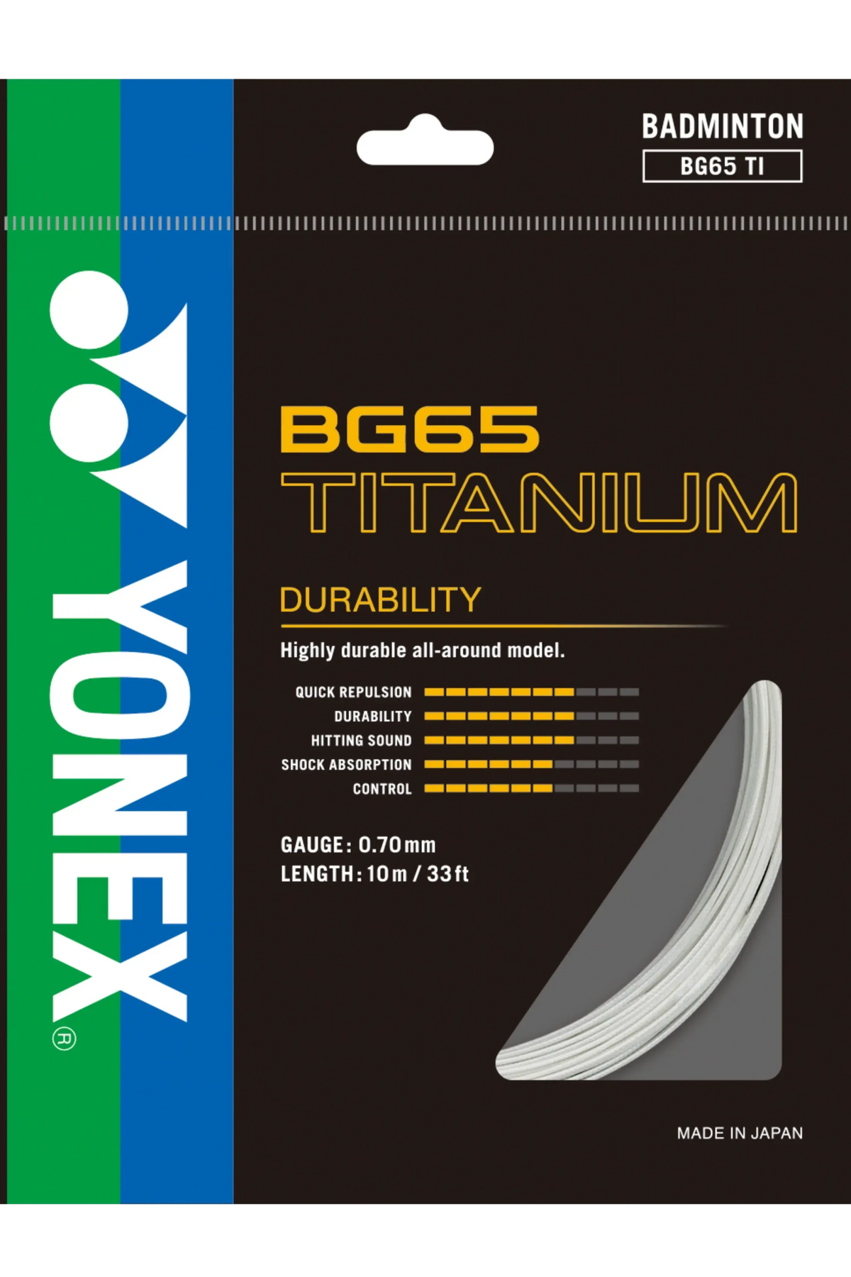 Yonex BG-65 TI Badminton String in white, shown coiled in black and blue retail packaging with gold titanium lettering.