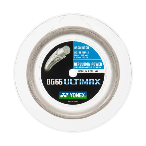 Yonex BG-66 Ultimax badminton string reel with pearl white string coiled around a black and blue center label