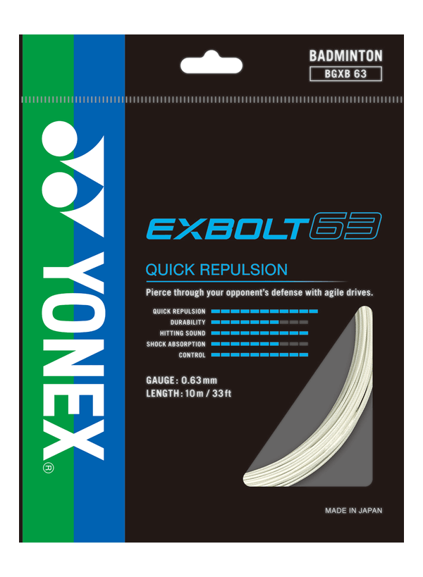 Yonex Exbolt 63 badminton string in black retail packaging, with white string and blue-green Yonex branding