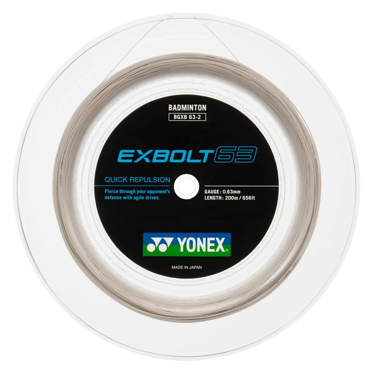 Yonex Exbolt 63 Badminton String on a white 200m reel, with pale gray string and black, blue and green label