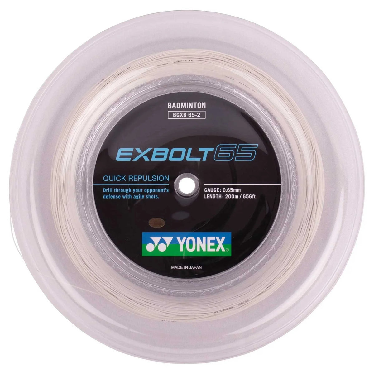 Yonex Exbolt 65 Badminton String in a clear reel, with white 0.65 mm string and a black and blue label