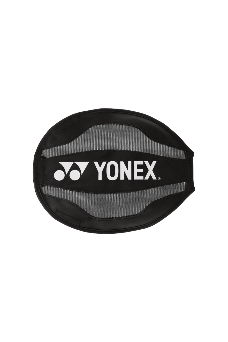 Yonex Isometric TR0 racket air-resistance cover in black, with a gray mesh center and bold white Yonex logo