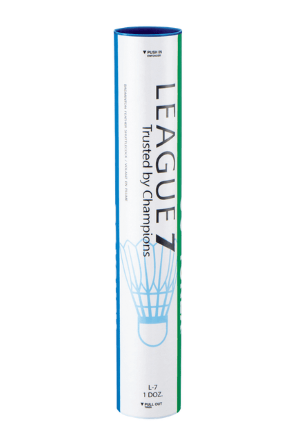 Yonex League 7 Practice badminton shuttlecock tube, white with blue and green trim and large vertical lettering