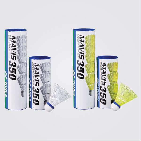 Yonex Mavis 350 Nylon badminton shuttlecocks in white and yellow, with feather-shaped nylon skirts and branded tubes