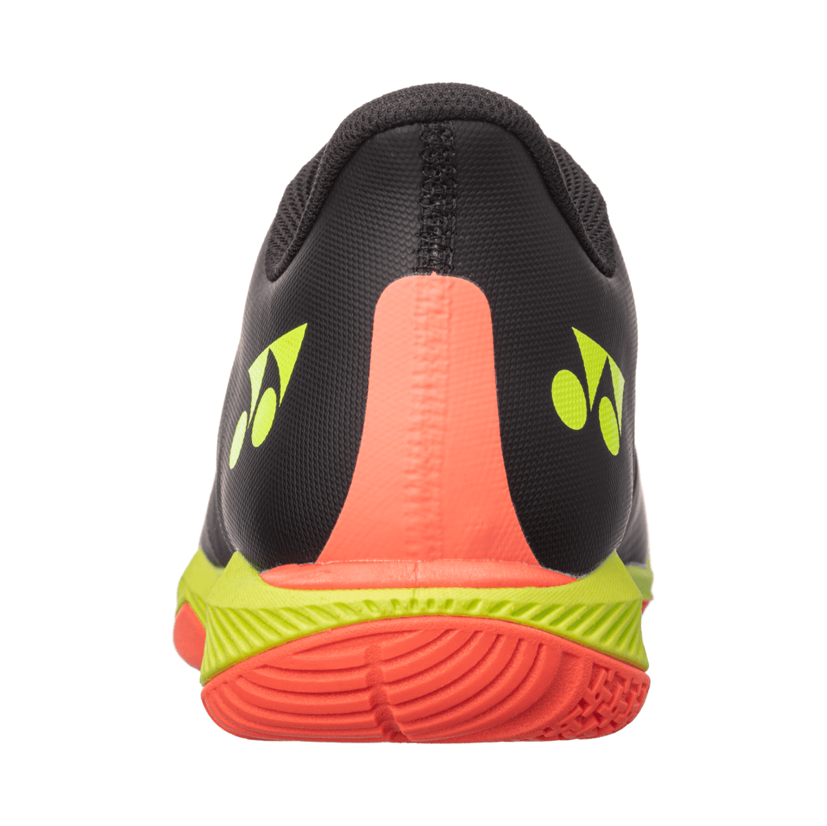 Yonex Power Cushion Comfort Z3 badminton shoe in black and dark red with neon yellow accents and a textured rubber heel sole