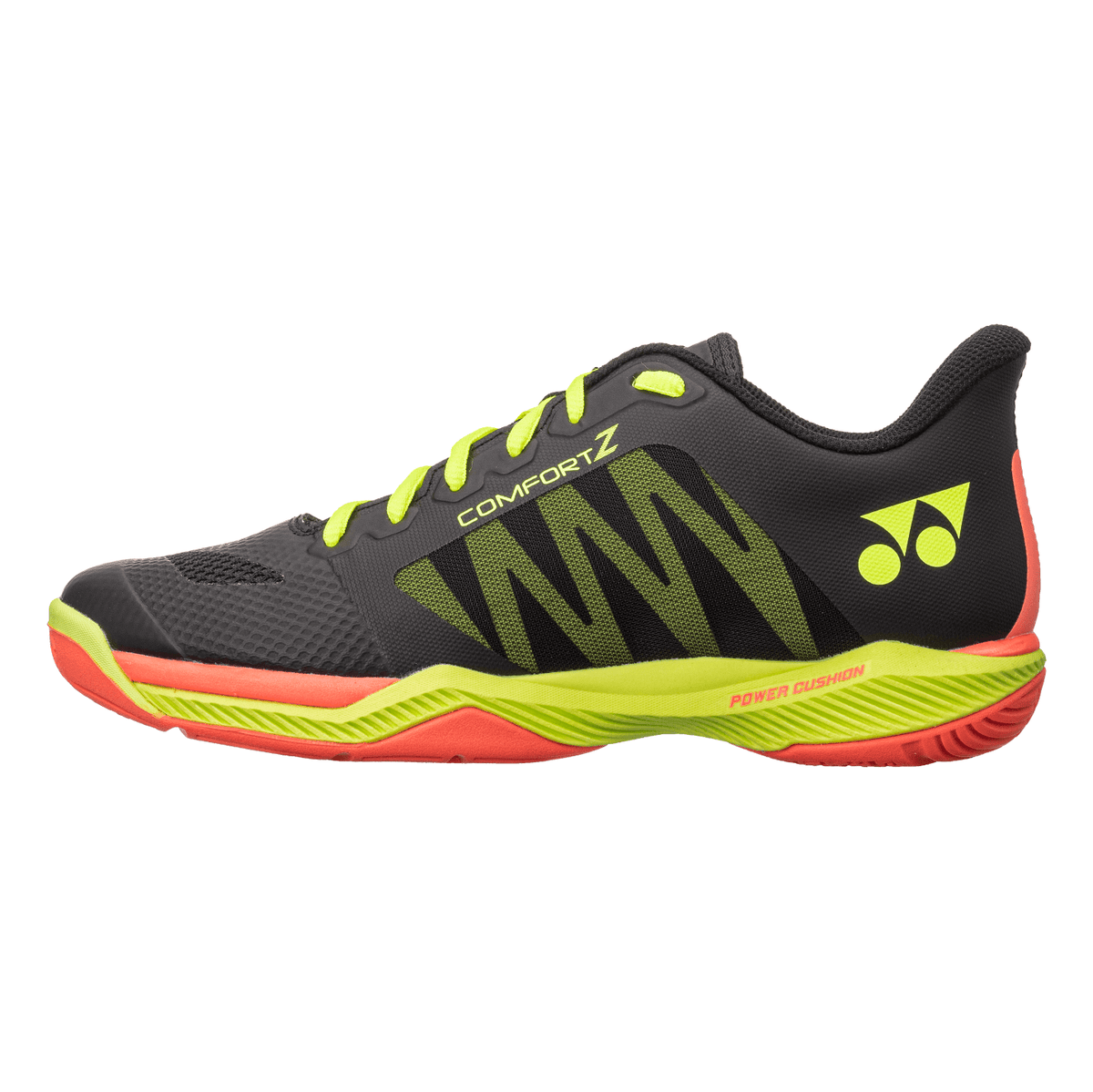 Yonex Power Cushion Comfort Z3 badminton shoe in black mesh with neon yellow-green accents and coral red sole