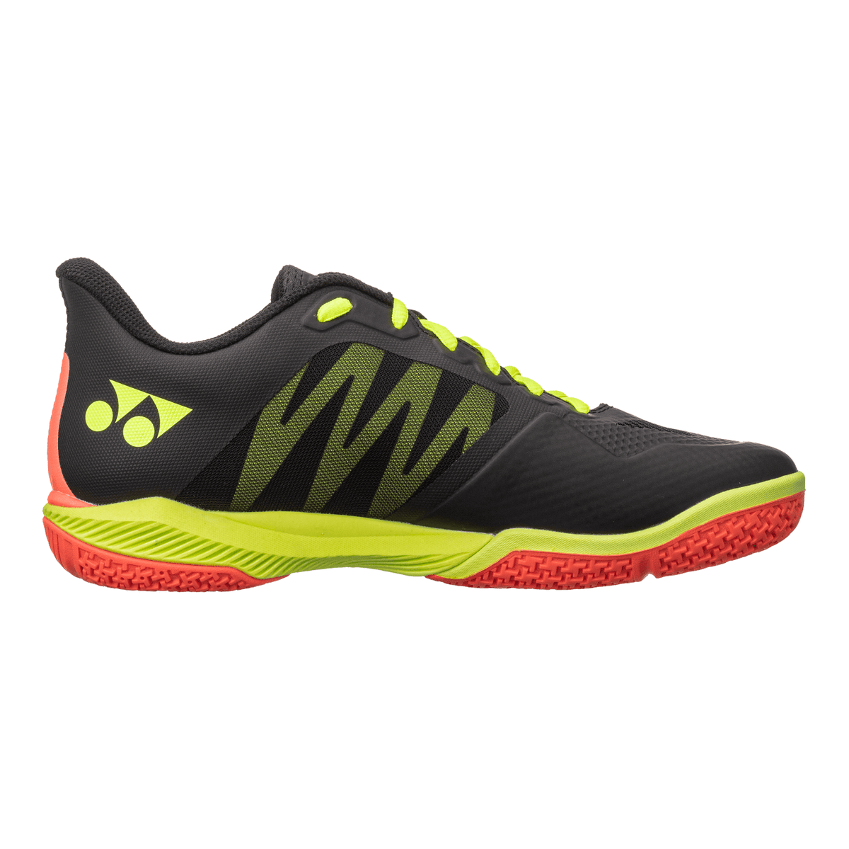 Yonex Power Cushion Comfort Z3 badminton shoe in black with neon yellow-green accents and a bright red rubber sole