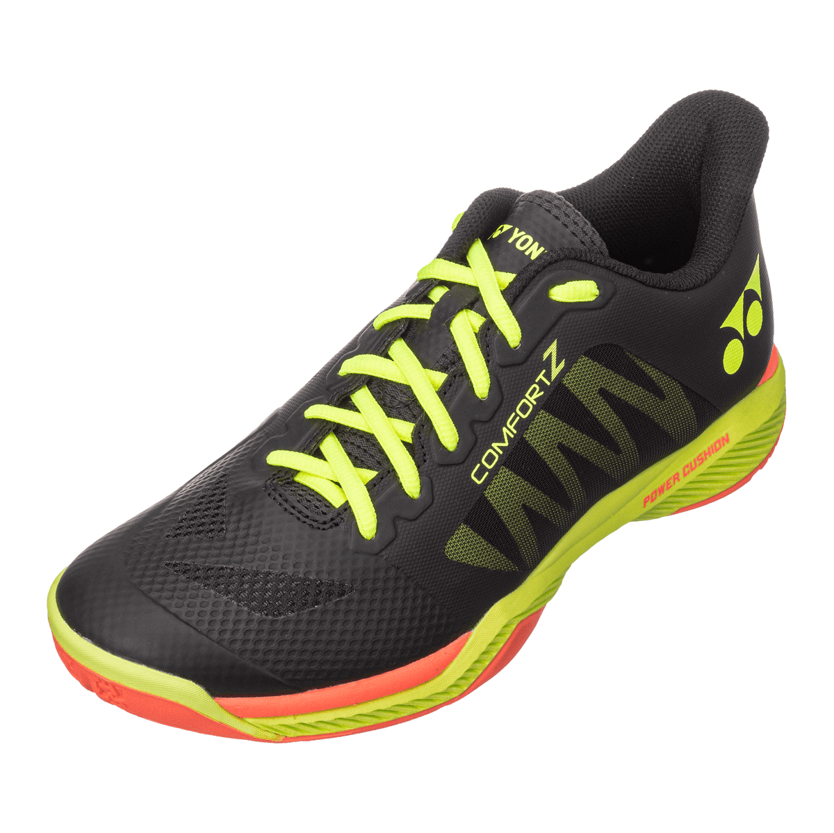 Yonex Power Cushion Comfort Z3 badminton shoe in black with neon yellow laces and lime green and coral red sole