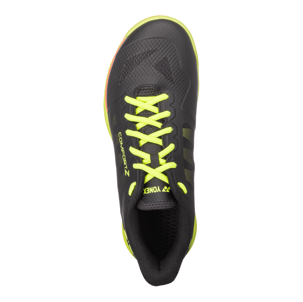 Yonex Power Cushion Comfort Z3 badminton shoe in black with neon yellow laces, trim and branding, featuring a textured upper