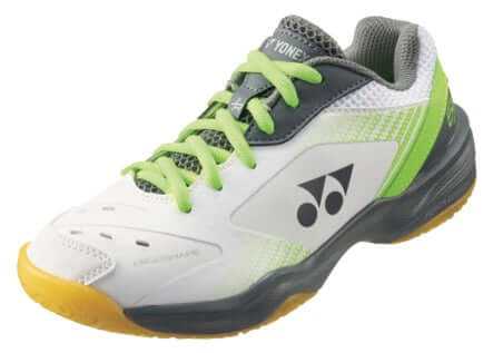 Yonex Power Cushion SHB-65 Junior badminton shoe in white and lime green with mesh panels, bright laces, and yellow outsole