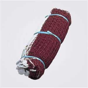 Yonex Tournament Badminton Net rolled into a compact bundle, made of dark red mesh with blue ties and a reinforced edge